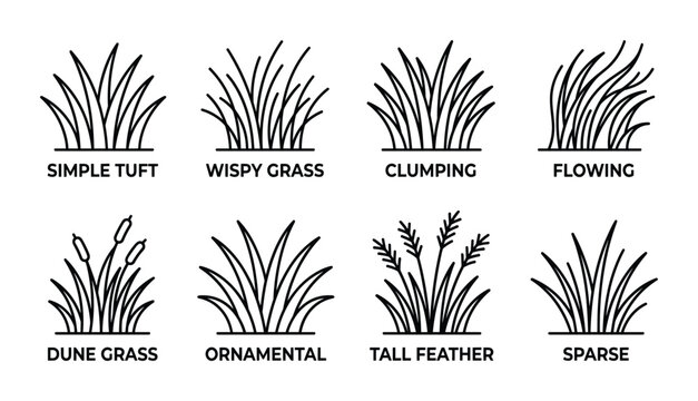 Outline icons of grass types simple tuft, wispy, clumping, flowing, dune, ornamental, tall feather.