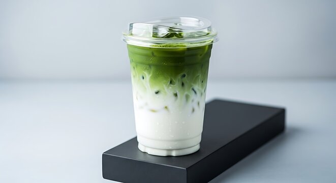 A refreshing iced matcha latte with visible layers of green tea and milk in a clear plastic cup with a lid, presented on a black surface.
