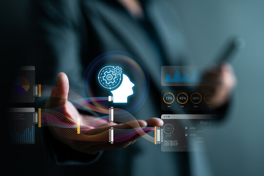 Artificial intelligence and data analytics concept, businesswoman showing AI technology, machine learning, data science, automation flow, business strategy and big data processing system.