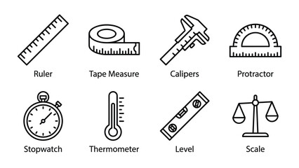 Outline icons of various measuring instruments including ruler, tape measure, calipers, stopwatch