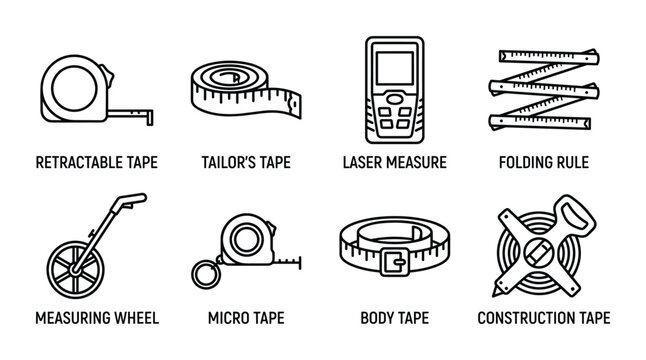 Outline icons of various measuring tapes and rules including retractable, laser and folding