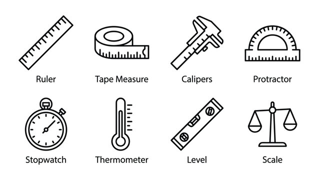 Outline icons of various measuring instruments including ruler, tape measure, calipers, stopwatch