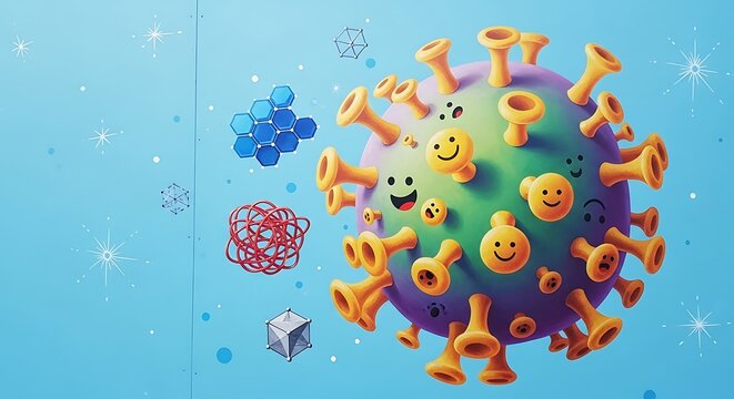 Cartoonish depiction of a virus with smiley faces and other structures. - Powered by Adobe
