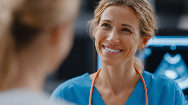 A smiling healthcare professional engages warmly with a patient, showcasing compassion and care in a medical environment.