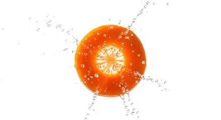 A crisp, fresh carrot slice falling in mid-air, perfectly isolated on a pure white background. Water droplets are flying off the slice, capturing a moment of dynamic movement. The lighting is bright a
