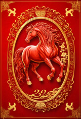 Red horse on red background. Chinese new year 2026