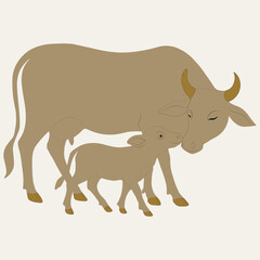 Cow and calf silhouette illustration on beige background