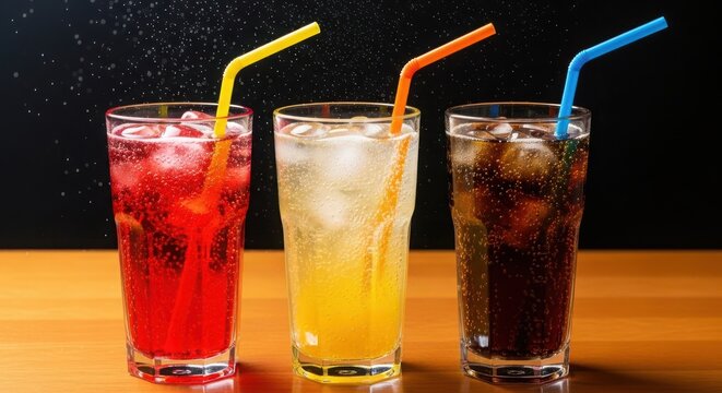 A trio of refreshing cold soft drinks in tall glasses ice colorful straws on a wooden table