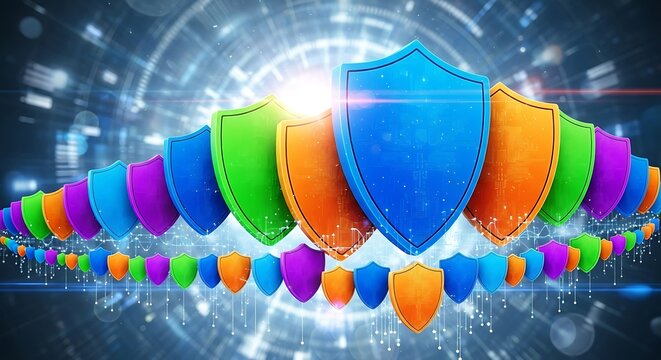 Colorful Shields in a Digital Realm - Cybersecurity and Protection Concept.