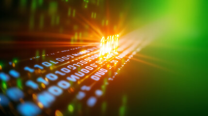 A vibrant digital landscape symbolizing data flow, featuring glowing bytes and binary code representing modern technology.