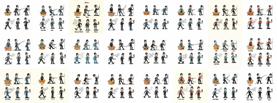 Collection of vintage cartoon mime characters demonstrating various classic actions, expressions, and imaginary routines like walking in wind and pulling ropes.