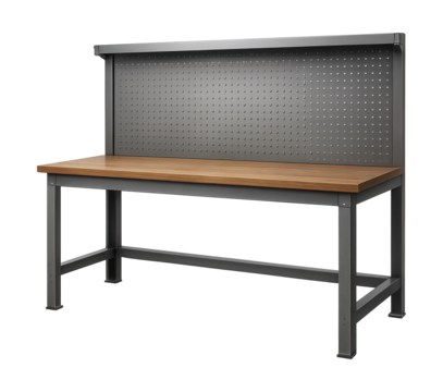 Steel-framed workbench with pegboard back panel.