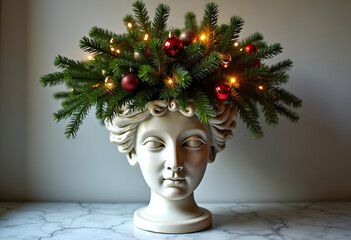 Vase in the shape of antique marble statue head with pine tree branches decorated with Christmas lights and ornaments on the marble background
