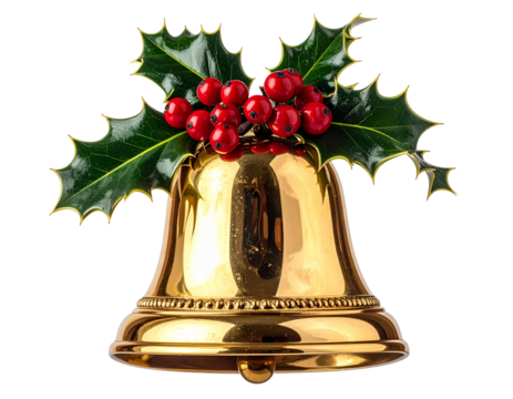  Gold Christmas Bell with Holly Accent – Transparent Background PNG