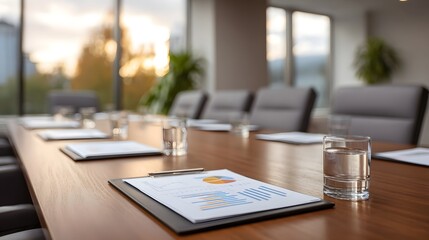 A professional boardroom with charts and glasses of water on a wooden table set against bright natural light from the
