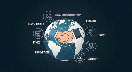 Global business partnership handshake ensures data transparency, security, control, consent, and ethical encryption standards