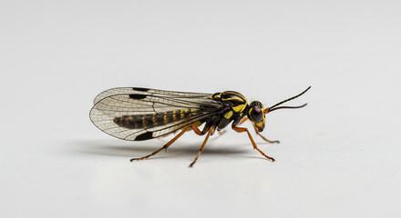 Striking black and yellow insect expertly photographed in sharp macro detail against a clean white background. AI Generated