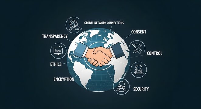 Global business partnership handshake ensures data transparency, security, control, consent, and ethical encryption standards - Powered by Adobe