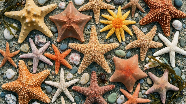 Graphic resource or wallpaper. An array of various species of dried and preserved starfish amid seashells and smooth stones. - Powered by Adobe