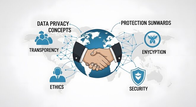 Secure global partnership handshake for data privacy, encryption, and ethical transparency offers worldwide business protection