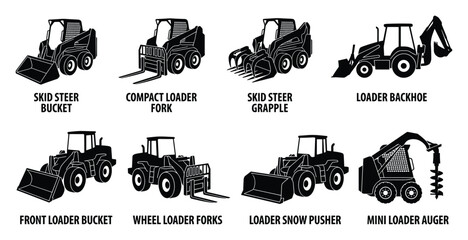 Skid steer attachments: bucket, fork, grapple, backhoe, front bucket, wheel forks, snow pusher, auger.