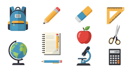 Collection of school supplies and learning tools on a white background for educational purposes and back to school concepts