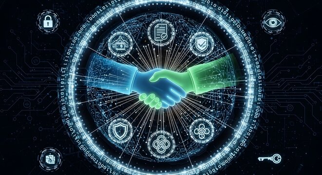 Secure partnership handshake in digital age with data protection for businesses wanting global cyber safety agreements online