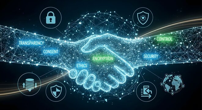 Secure digital handshake symbolizes encryption, transparency, and ethical data control for future business partnerships