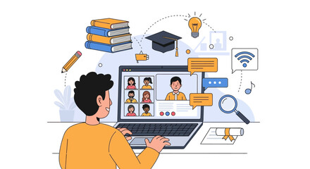 Online Learning Education Concept with Students Attending Virtual Class on Laptop