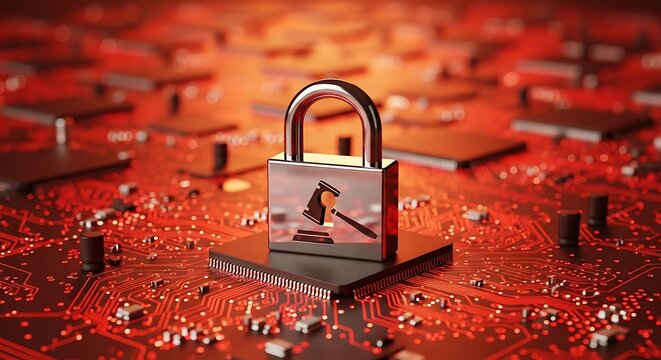 Cybersecurity Law - Padlock on Circuit Board Representing Digital Legal Protection.