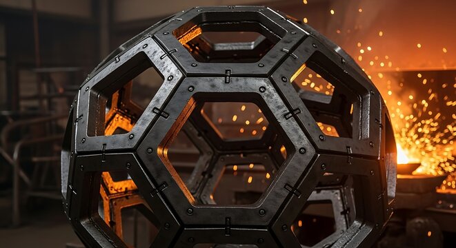 Geometric sphere object with hexagonal patterns and metallic structure