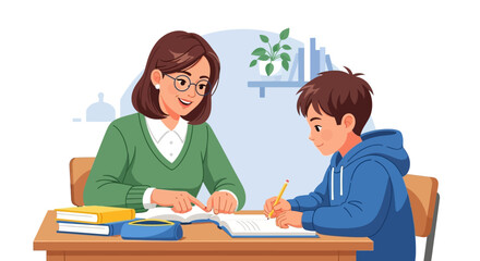Dedicated female teacher provides engaging one-on-one tutoring, guiding a young male student through his lessons, fostering a positive and supportive learning environment for academic success