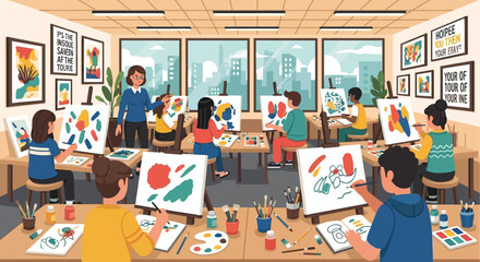 Creative Canvas Inspiring Art Students in a Bright Classroom with Easels and Vibrant Paintings