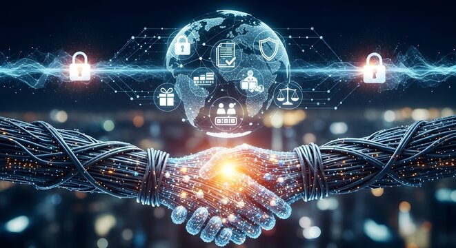 Secure global business partnership with digital handshake, showcasing trust, security, and worldwide collaboration for companies