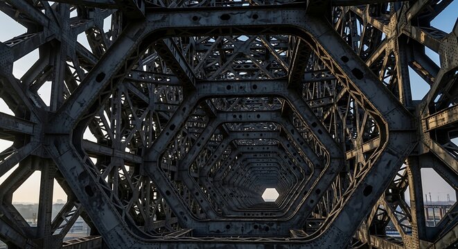 Geometric steel structure perspective against the sky with symmetry and detail