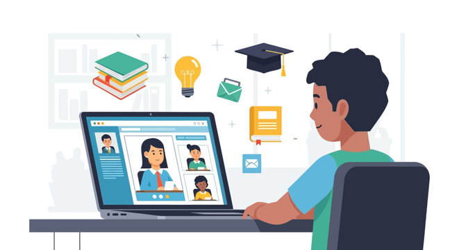 Illustration of a young boy attending an online class on his laptop with video call participants and educational icons around him