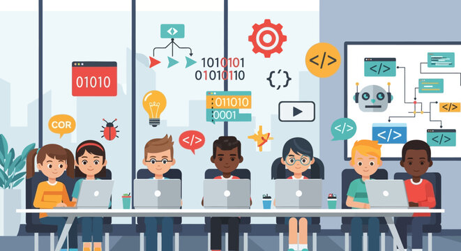 Young students learning coding and programming on laptops in a modern classroom, surrounded by digital technology and software development symbols - Powered by Adobe
