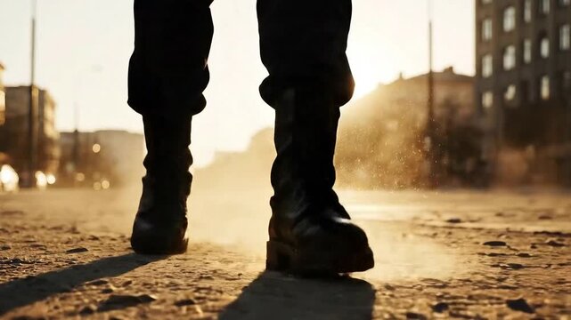 Officer Boots Walking Forward Kicking Up Dust During Golden Hour Duty