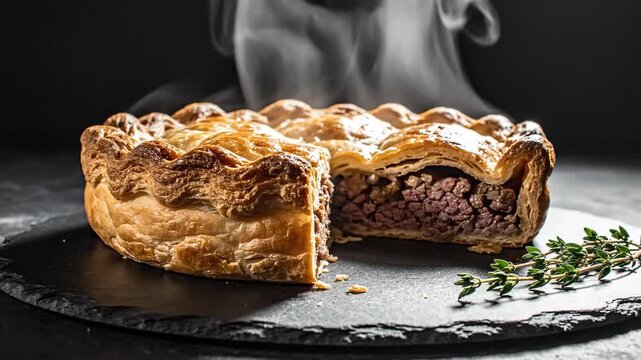 Delicious Steaming Hot Meat Pie with a Slice Cut Out on Slate Board