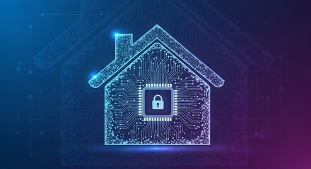 Digital Home Security Concept with Lock in House Silhouette.