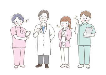 Smiling Diverse Medical Team of Doctors and Nurses Pointing Up – Healthcare Professionals in Scrubs and White Coats