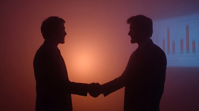 Two silhouetted businessmen shake hands in a foggy atmospheric meeting with a financial graph displayed