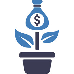 Money Growing Plant in Pot Icon Vector Illustration Symbolizing Financial Growth and Investment With Blue Leaves and Dollar Bag Top
