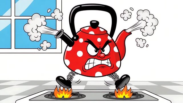 Animated cartoon teapot boiling over with anger on a kitchen stove top