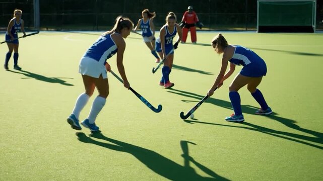 Field Hockey Game Action Shot with Players Competing on Green Turf.