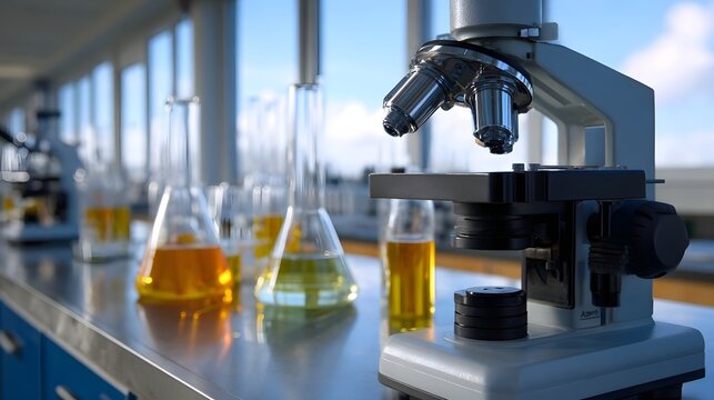 A laboratory bench displays a microscope alongside various flasks and beakers containing colorful chemical solutions under bright natural light