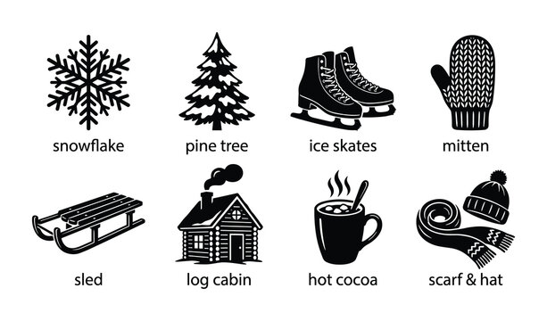 Winter season, snowflake, pine tree, ice skates, mitten, sled, log cabin, hot cocoa
