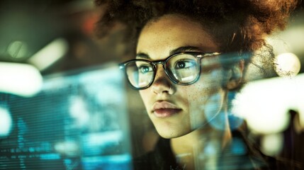 Stylish programmer decoding visual data in today's work world. Grotesque style. Woman with chic glasses analyzes complex digital displays. Colorful surrealism. Advertising photo.