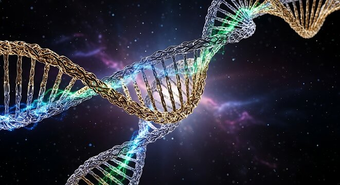 DNA double helix against a cosmic background, genetic code visualization.