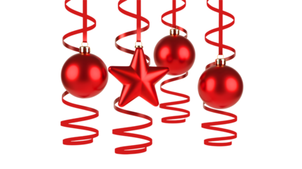 Four shiny red christmas ornaments and a star hanging with curly ribbons isolated on transparent background